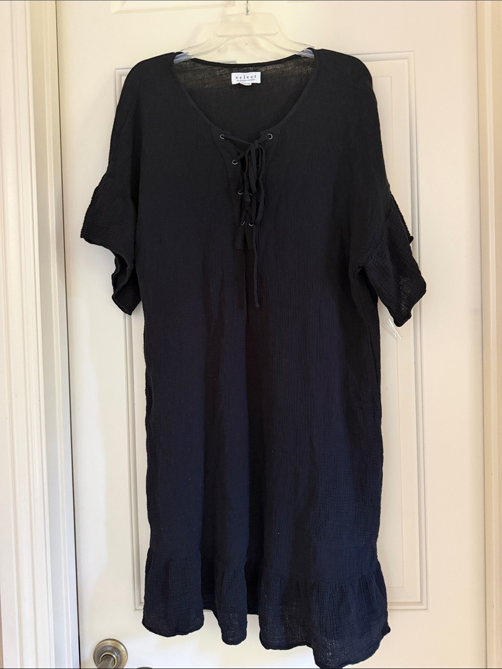 Velvet by Graham & Spencer Black Lace-Up Cotton Gauze Midi Dress